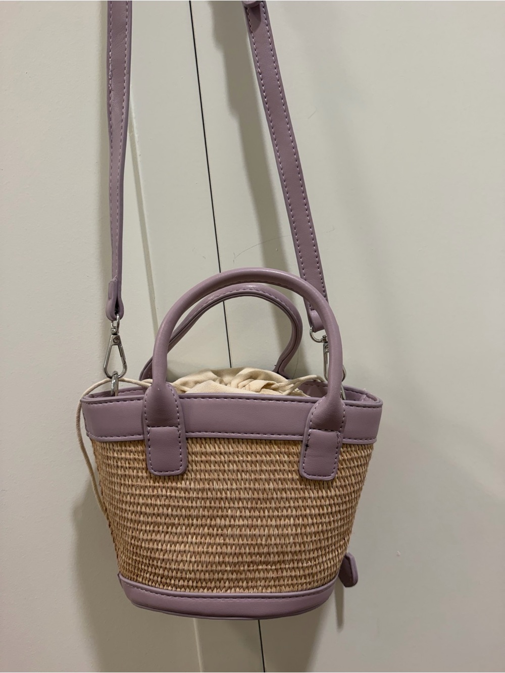Purple Straw / Woven Bucket Crossbody Purse